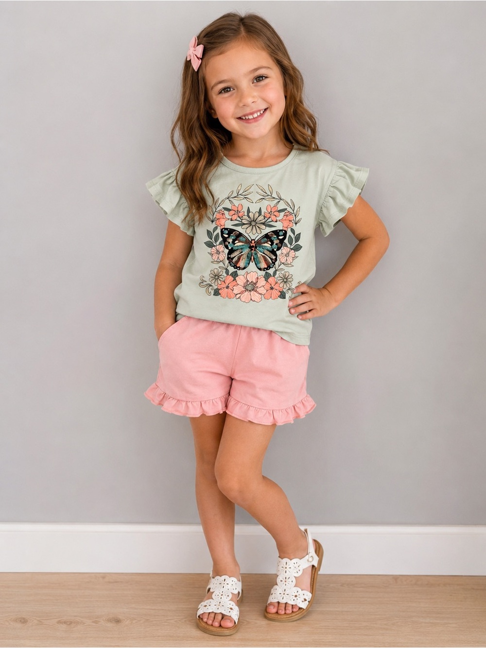 Girls Size 6 Butterfly Floral Top & Pink Ruffle Shorts Outfit Set